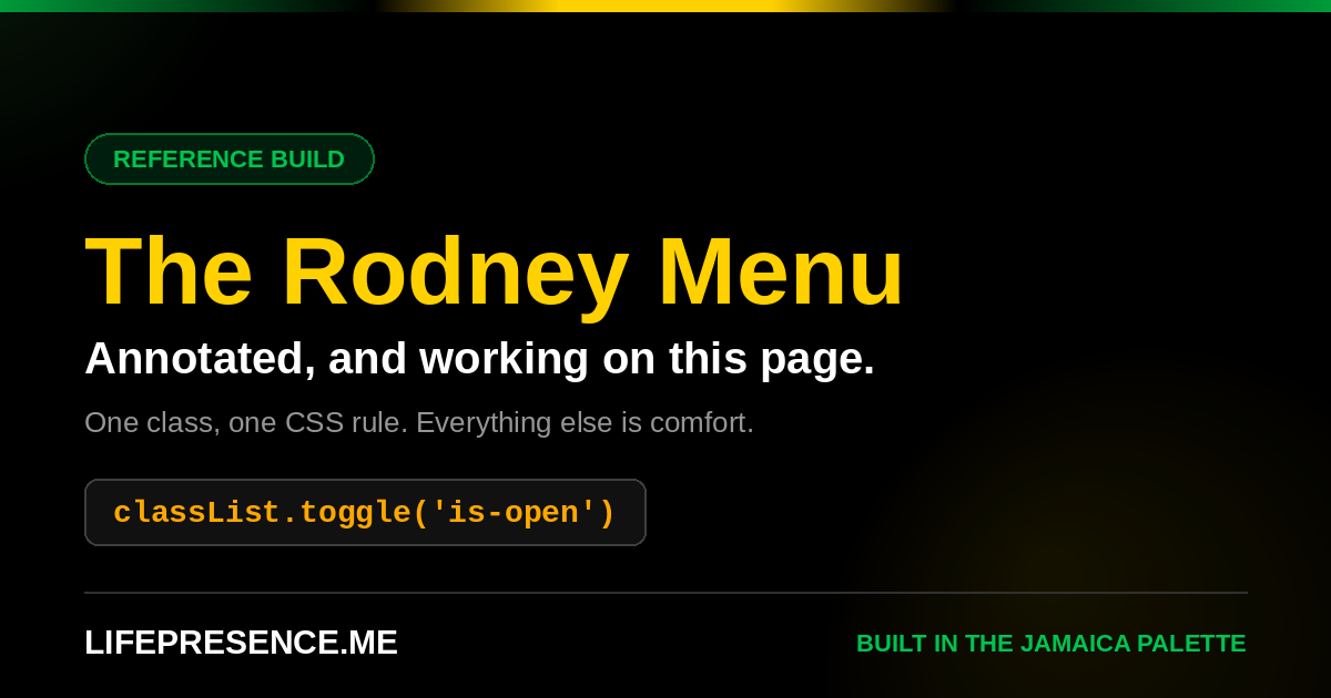 The Rodney Menu preview card, 1200 by 630, black with the Jamaica stripe across the top